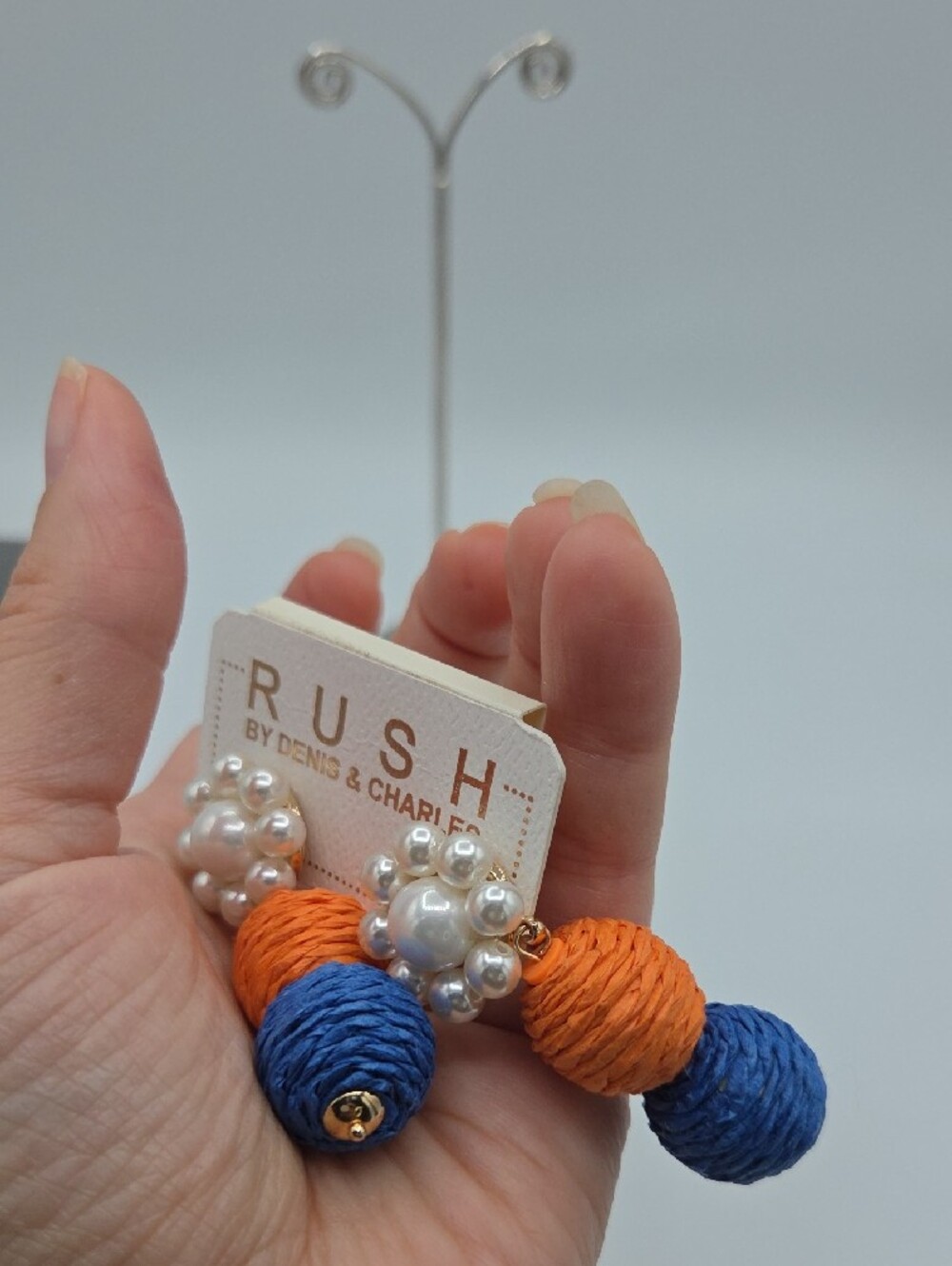 5 for $25! RUSH by Denis & Charles Orange & Blue Pearl Drop Earrings - Picture 3 of 5
